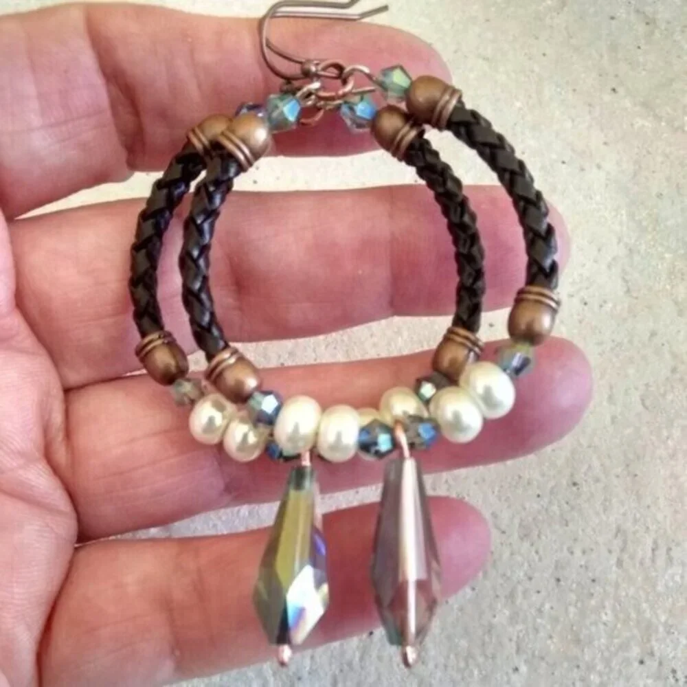 SEXY!!! Boho Hoop Earrings w. Leather, Crystals & Pearls - Total KickA$$ Hoops!